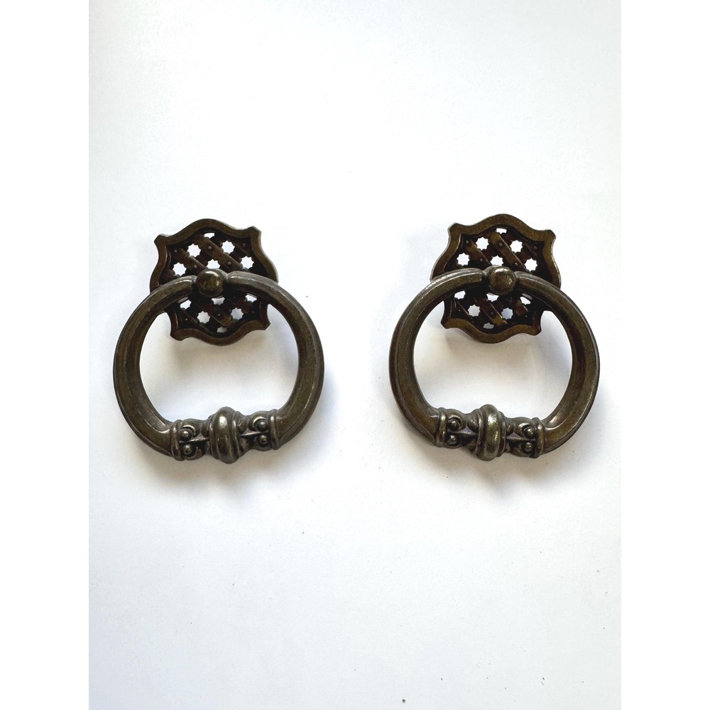 Vintage Bronze Ring Pull Handles - Ornate Basket Weave - Set of 2